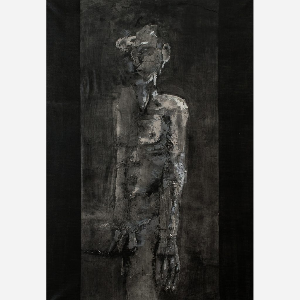Autoritratto al Buio | Olio, pigmento con legante acrilico e pezzi di carta incollati su fogli di carta intelati | 100x70cm | 2019